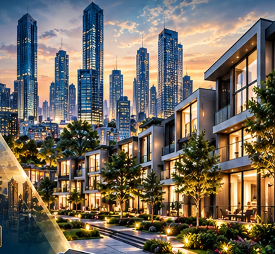 Modern residential development and city skyline
